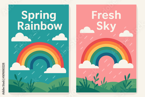 Two vertical A6 banners flat vector design teal and pink backgrounds rainbow after spring rain fresh theme first banner with text Spring Rainbow second banner with text Fresh Sky text clear.