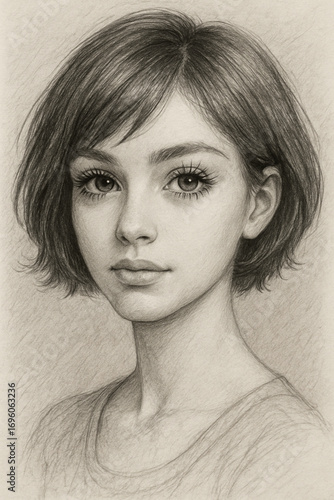 Detailed portrait of a young woman with short hair, pencil sketch showcasing beauty and expression
