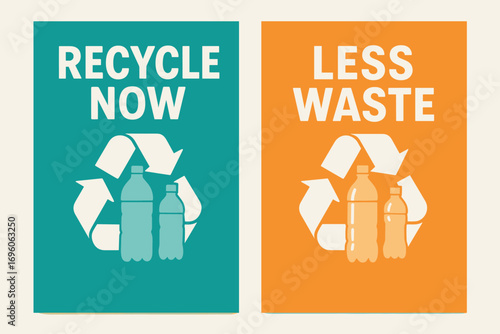 Two vertical A6 banners flat vector design turquoise and orange backgrounds recycling symbol with plastic bottles waste reduction theme first banner with text Recycle Now second banner with.