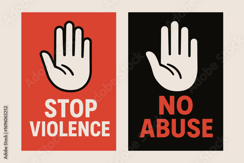 Two vertical A6 banners flat vector design crimson and black backgrounds violence sign with hand icon anti violence theme first banner with text Violence second banner with text No Abuse.