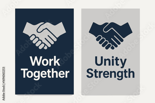 Two vertical A6 banners flat vector design navy and silver backgrounds handshake icon partnership and unity theme first banner with text Work Together second banner with text Unity Strength.