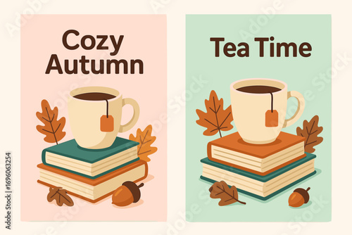 Two vertical A6 banners flat vector design pastel pink and mint backgrounds cozy autumn tea with books seasonal hygge first banner with text Cozy Autumn second banner with text Tea Time.
