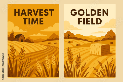 Two vertical A6 banners flat vector design gold and cream backgrounds wheat field at harvest time countryside autumn first banner with text Harvest Time second banner with text Golden Field.