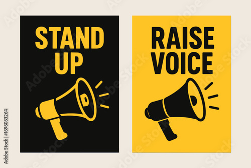 Two vertical A6 banners flat vector design black and backgrounds protest signs with megaphone activism theme first banner with text Stand Up second banner with text Raise Voice text clear.