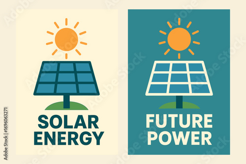 Two vertical A6 banners flat vector design cream and teal backgrounds renewable solar panel with sun eco theme first banner with text Solar Energy second banner with text Future Power text.