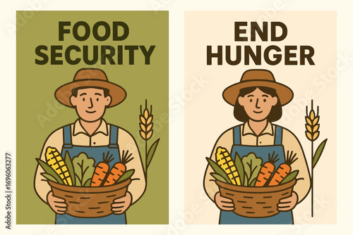 Two vertical A6 banners flat vector design olive and cream backgrounds farmer with crops food security theme first banner with text Food Security second banner with text End Hunger text.
