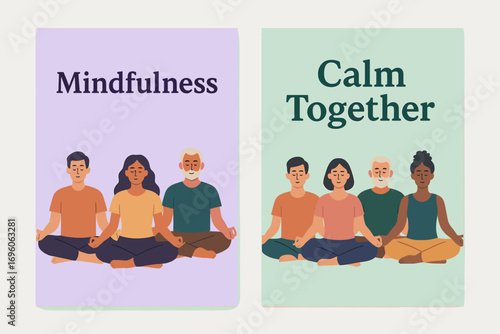 Two vertical A6 banners flat vector design lavender and mint backgrounds people meditating together wellness theme first banner with text Mindfulness second banner with text Calm Together.