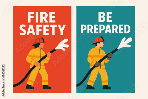 Two vertical A6 banners flat vector design red and turquoise backgrounds firefighter with hose emergency theme first banner with text Fire Safety second banner with text Be Prepared text.