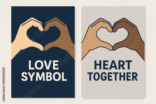 Two vertical A6 banners flat vector design navy and silver backgrounds hands forming heart shape unity theme first banner with text Love Symbol second banner with text Heart Together text.
