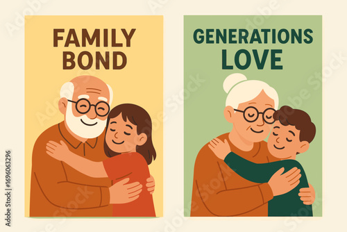 Two vertical A6 banners flat vector design pastel and green backgrounds grandparents with children family love first banner with text Family Bond second banner with text Generations Love.