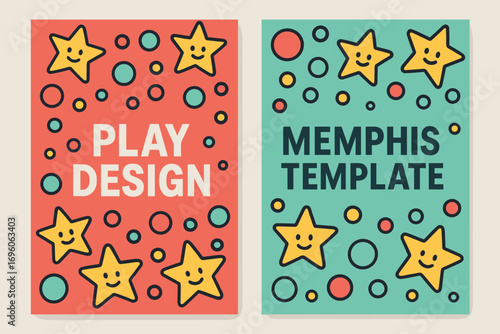 Two vertical A6 banners flat vector design coral and mint backgrounds memphis cartoon stars and circles playful abstract first banner with text Play Design second banner with text Memphis.