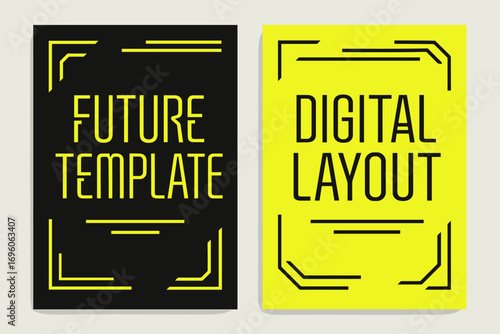 Two vertical A6 banners flat vector design black and neon backgrounds futuristic typography with lines modern abstract first banner with text Future Template second banner with text Digital.