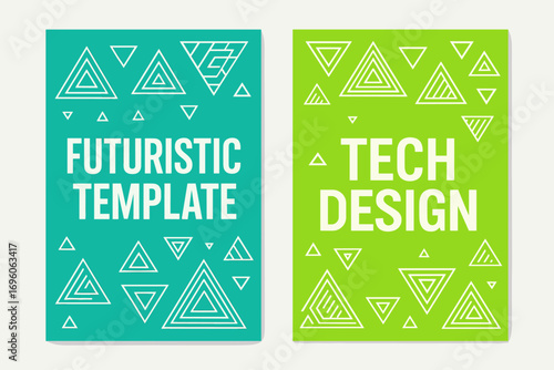 Two vertical A6 banners flat vector design turquoise and neon green backgrounds tech inspired triangles futuristic layout first banner with text Futuristic Template second banner with text.