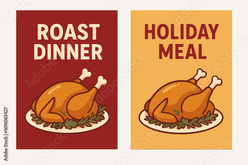 Two vertical A6 banners flat vector design crimson and gold backgrounds roasted turkey with herbs festive food theme first banner with text Roast Dinner second banner with text Holiday Meal.