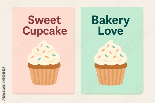 Two vertical A6 banners flat vector design pastel pink and mint backgrounds cupcake with sprinkles dessert theme first banner with text Sweet Cupcake second banner with text Bakery Love.