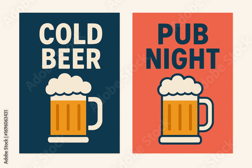 Two vertical A6 banners flat vector design navy and coral backgrounds beer mug with foam pub theme first banner with text Cold Beer second banner with text Pub Night text clear readable.