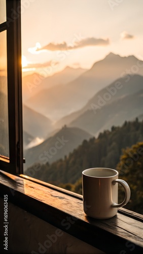 morning in the mountain with a cup of coffee .