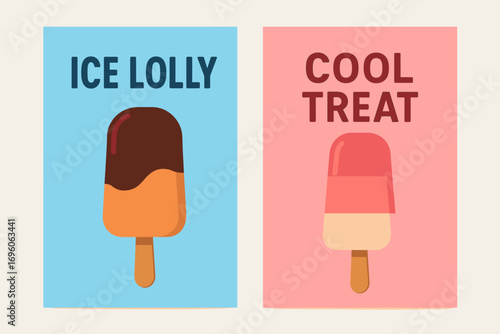 Two vertical A6 banners flat vector design sky blue and pink backgrounds popsicle ice cream bars summer snack theme first banner with text Ice Lolly second banner with text Cool Treat text.