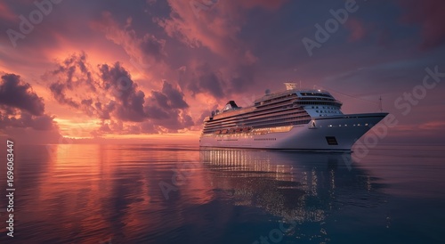 Cruise Ship Sailing Through Calm Waters During a Vibrant Sunset Over the Ocean.
