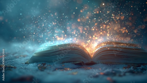 Magical Book Emitting Glowing Particles in an Enchanting Setting at Night