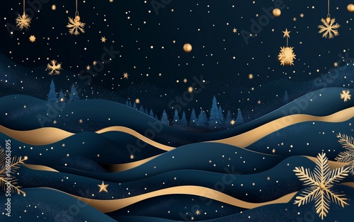 Winter Landscape With Golden Accents and Snowflakes Under a Starry Night Sky