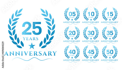 Anniversary Laurel Wreaths 5, 10, 15, 20, 25, 30, 35, 40, 45, 50  Blue Gradient Design Set
