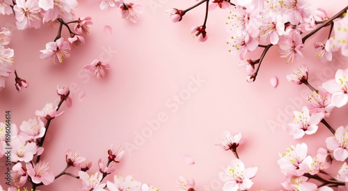Cherry Blossoms Bloom in Springtime Against a Soft Pink Background Creating a...