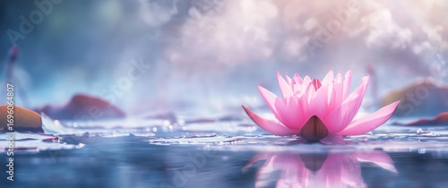 Pink Lotus Flower Blooming on Serene Water Surface at Sunrise in a Tranquil N...