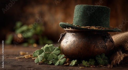 Green Hat With Gold Coins in a Pot Surrounded by Clover Leaves on a Rustic Wo...