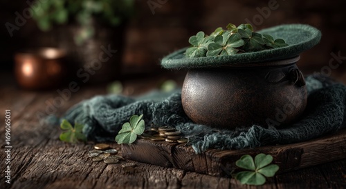 Green Hat With Gold Coins in a Pot Surrounded by Clover Leaves on a Rustic Wo...