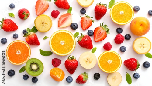 A vibrant overhead shot of diverse, fresh fruits arranged on a white surface. The display showcases colorful oranges, strawberries, raspberries, blueberries, 
