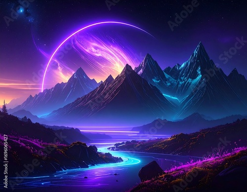 Vibrant mountain landscape at night