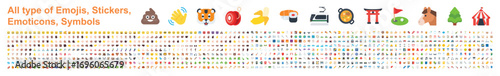 All type of emojis, stickers, emoticons flat vector illustration symbols. Hands, man, woman, workers, fruit drinks food