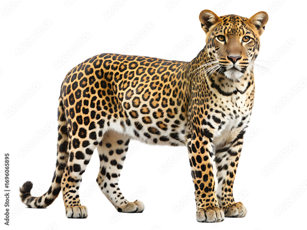 Fototapeta premium Sri lankan leopard standing isolated on transparent background, panthera pardus kotiya, 7 years old, isolated on transparent background in a studio shot