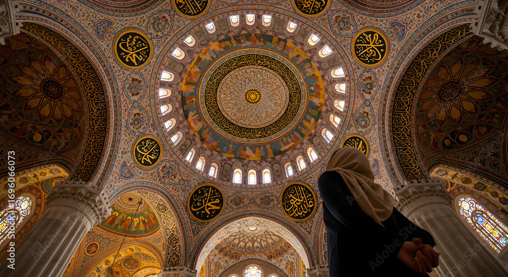 Naklejka premium Woman in hijab gazes up at the magnificent, ornate dome of a grand religious building, bathed in soft light.