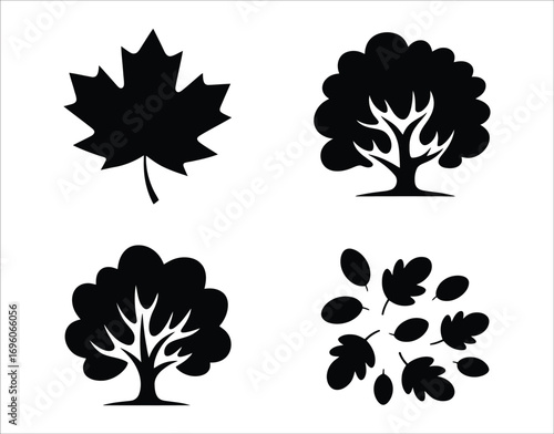 Black Maple Oak Tree and Leaves Silhouette