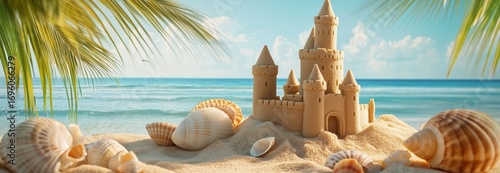 Beautiful Sandy Beach With a Detailed Sandcastle and Seashells During Sunny W...