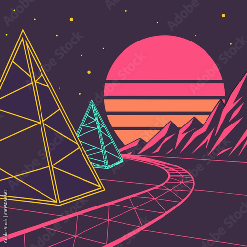 Minimilist retro futuristic landscape with pyramids mountains sun and grid road evoking a nostalgic synthwave aesthetic vector