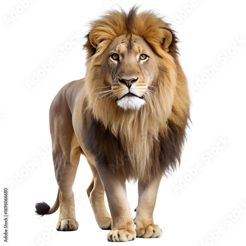 Majestic lion isolated on transparent background, standing tall with a regal mane, exuding power and grace in its natural habitat, a symbol of strength