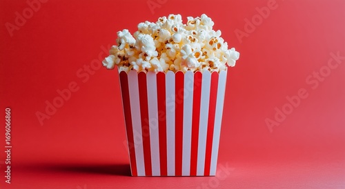 Fresh Popcorn in a Striped Container Against a Bright Red Backdrop