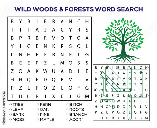 wild woods forests word search puzzle with tree illustration