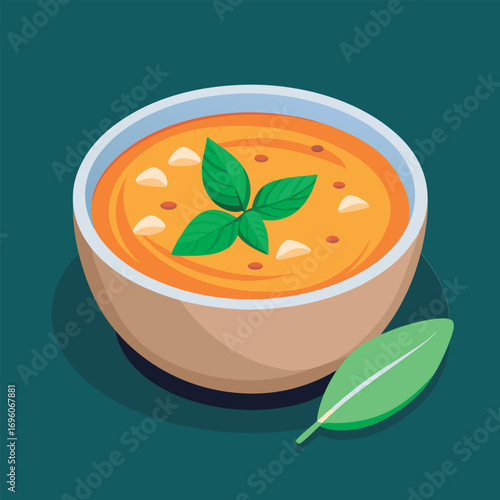 Creamy soup with fresh basil garnish.