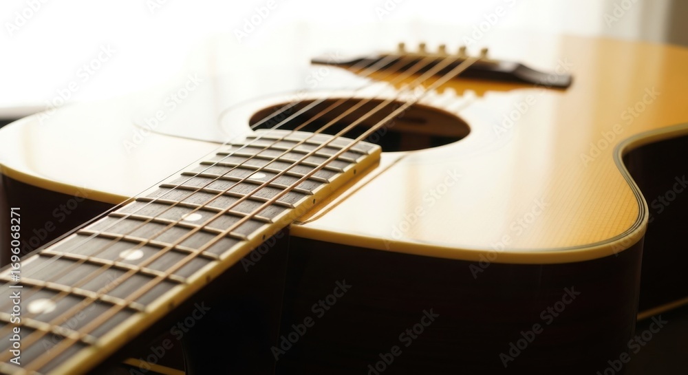 Fototapeta premium Closeup of an acoustic guitar, showcasing the strings, fretboard, and body, capturing the essence of music and craftsmanship
