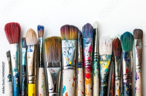 Variety of Paintbrushes Arranged on a White Surface Ready for Artistic Use an...