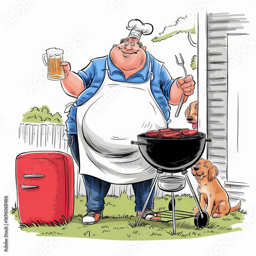 A fat man dressed as a chef is grilling sausage in the backyard, with a dog sitting nearby. A cartoonish illustration about picnics and relaxation.