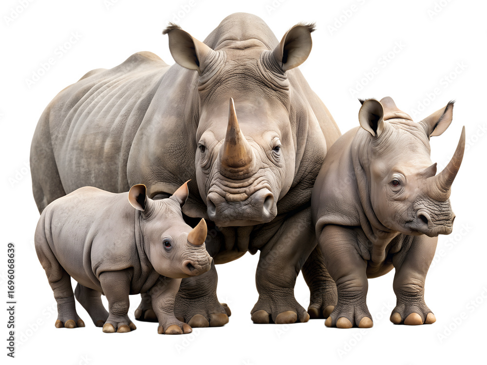Obraz premium A majestic white rhinoceros family, isolated on transparent background, stands together, showcasing the beauty and strength of these endangered creatures