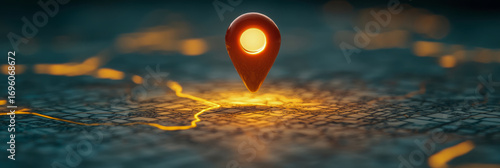 Illuminated location pin on futuristic, glowing map showing intricate paths and digital routes against dark, tech-inspired background