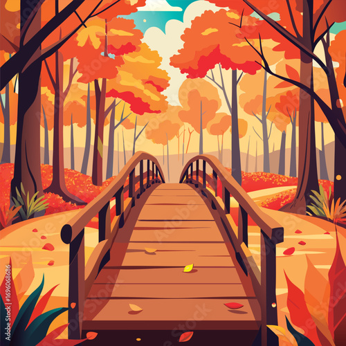Autumnal wooden bridge through colorful forest.
