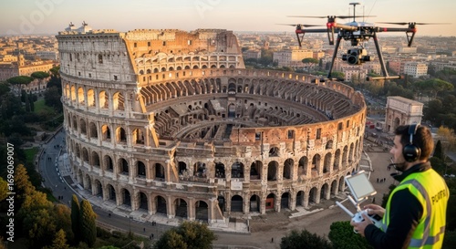Drone Photography: Colosseum's Majestic Aerial View at Golden Hour