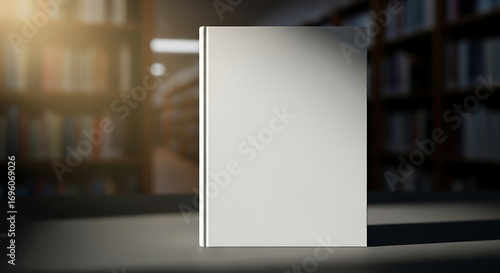 Sunlight illuminates a blank book on a table against a blurred background of bookshelves, symbolizing new beginnings